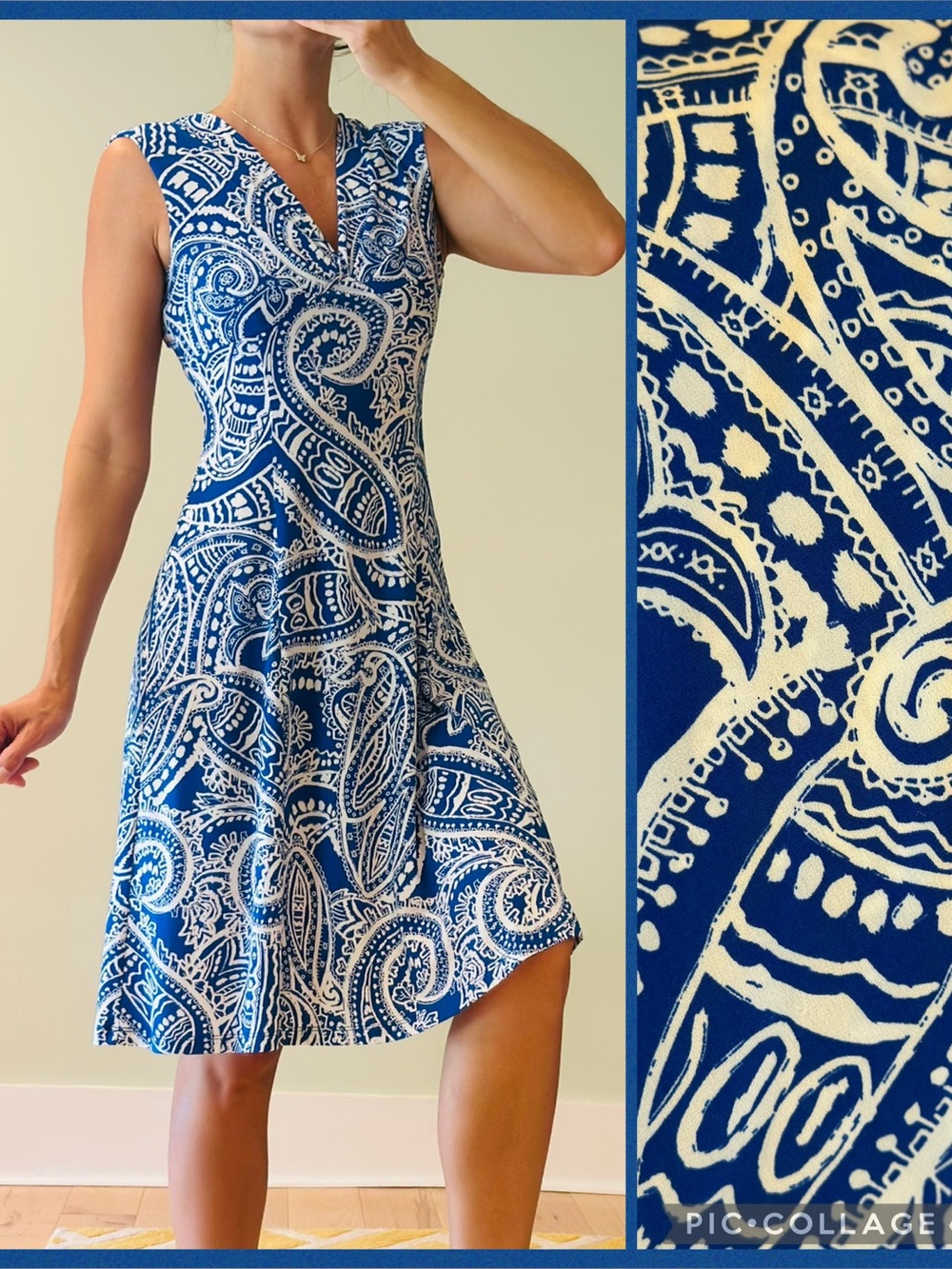 Enfocus Studio Blue and White Paisley V-Neck Dress